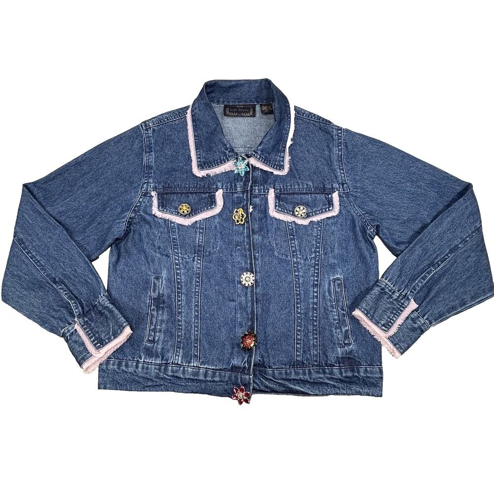 Vintage Life Style Jacket Women L Boho Blue Denim Floral Jewel Button Fringe 90s